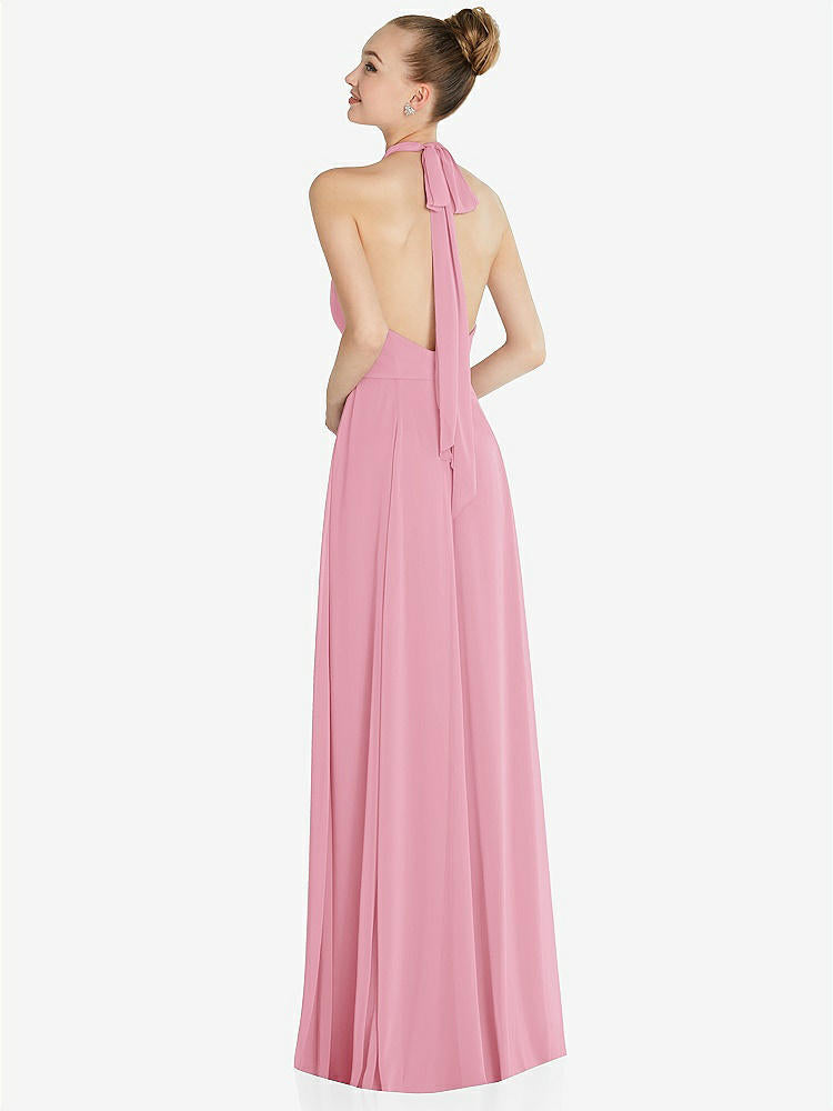 【STYLE: 6865】Halter Backless Maxi Dress with Crystal Button Ruffle Placket【COLOR: Peony Pink】