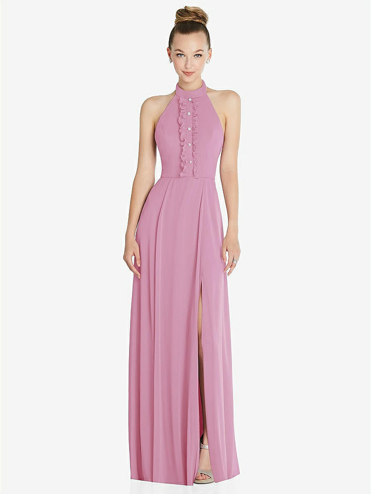 【STYLE: 6865】Halter Backless Maxi Dress with Crystal Button Ruffle Placket【COLOR: Powder Pink】