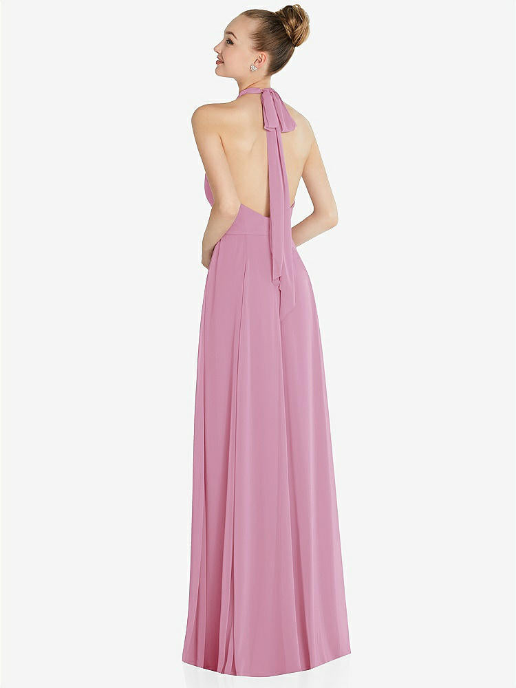 【STYLE: 6865】Halter Backless Maxi Dress with Crystal Button Ruffle Placket【COLOR: Powder Pink】