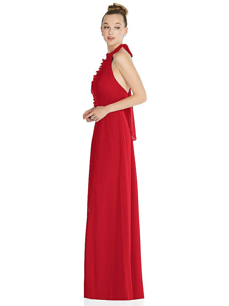 【NEW】【STYLE: 6865】ホルター バックレス マキシ ドレス クリスタル ボタン フリル プラケット【COLOR: Parisian Red】【SIZE: 00-30W】
