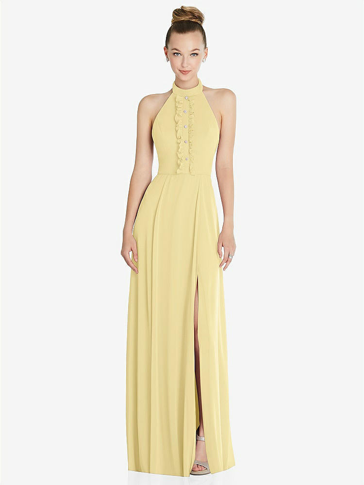 【STYLE: 6865】Halter Backless Maxi Dress with Crystal Button Ruffle Placket【COLOR: Pale Yellow】