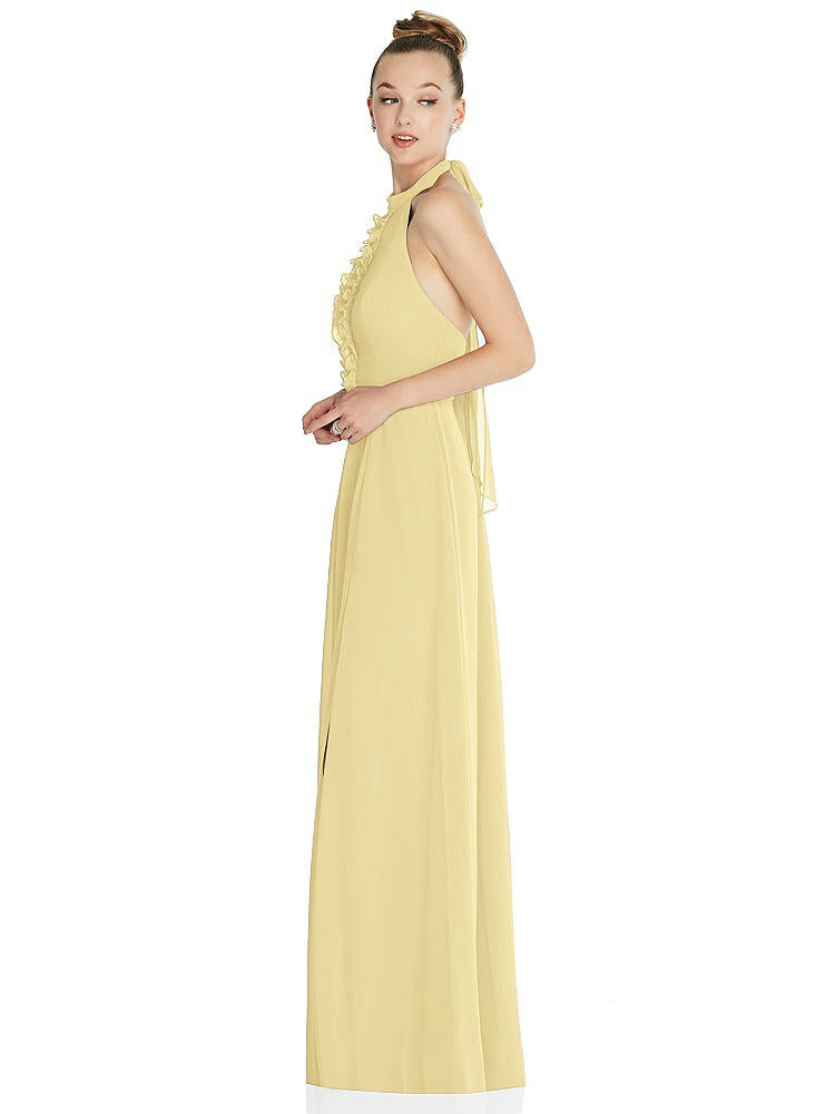【STYLE: 6865】Halter Backless Maxi Dress with Crystal Button Ruffle Placket【COLOR: Pale Yellow】