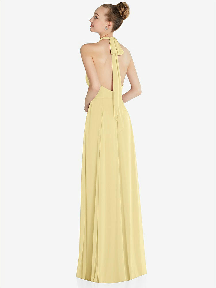 【STYLE: 6865】Halter Backless Maxi Dress with Crystal Button Ruffle Placket【COLOR: Pale Yellow】