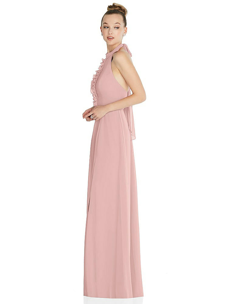 【STYLE: 6865】Halter Backless Maxi Dress with Crystal Button Ruffle Placket【COLOR: Rose - PANTONE Rose Quartz】