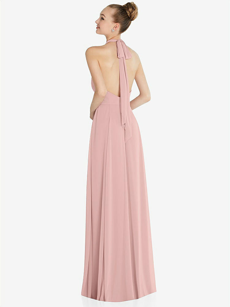 【STYLE: 6865】Halter Backless Maxi Dress with Crystal Button Ruffle Placket【COLOR: Rose - PANTONE Rose Quartz】