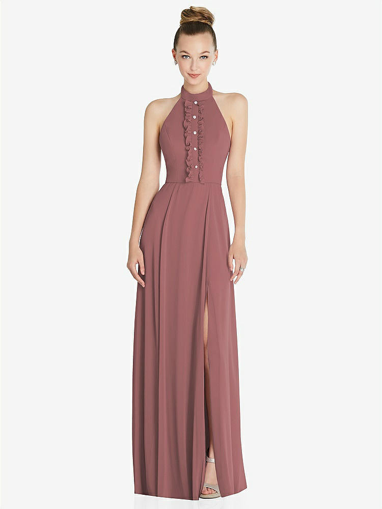 【STYLE: 6865】Halter Backless Maxi Dress with Crystal Button Ruffle Placket【COLOR: Rosewood】