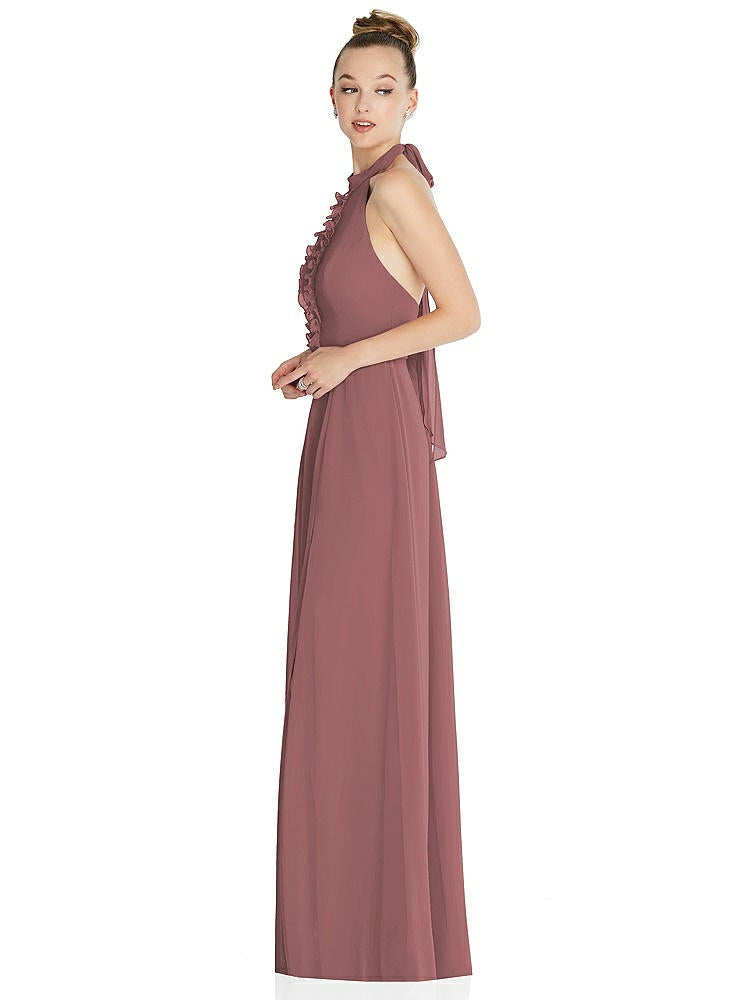 【STYLE: 6865】Halter Backless Maxi Dress with Crystal Button Ruffle Placket【COLOR: Rosewood】