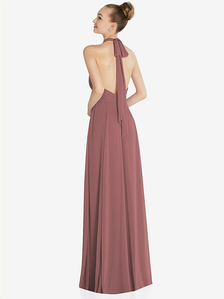 【STYLE: 6865】Halter Backless Maxi Dress with Crystal Button Ruffle Placket【COLOR: Rosewood】