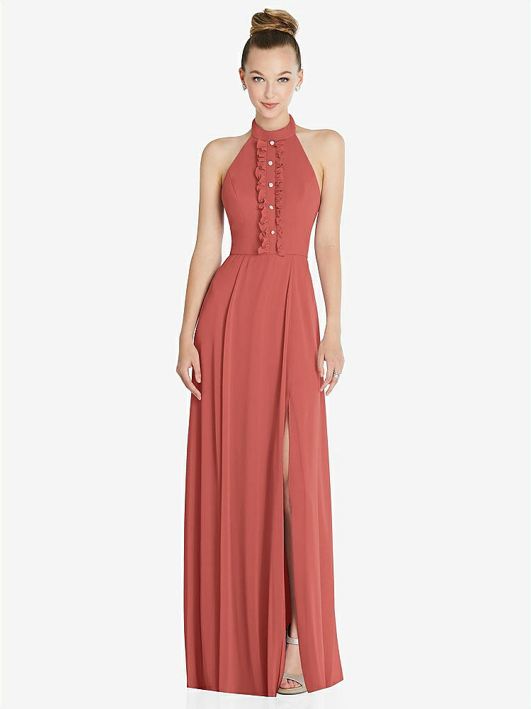 【STYLE: 6865】Halter Backless Maxi Dress with Crystal Button Ruffle Placket【COLOR: Coral Pink】