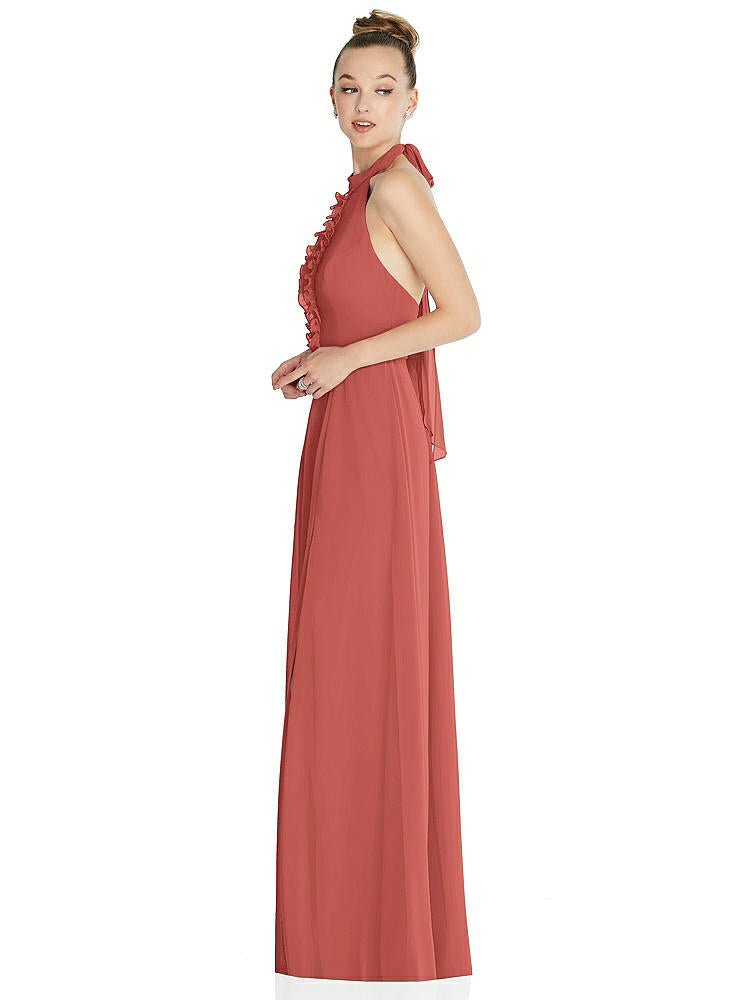 【STYLE: 6865】Halter Backless Maxi Dress with Crystal Button Ruffle Placket【COLOR: Coral Pink】