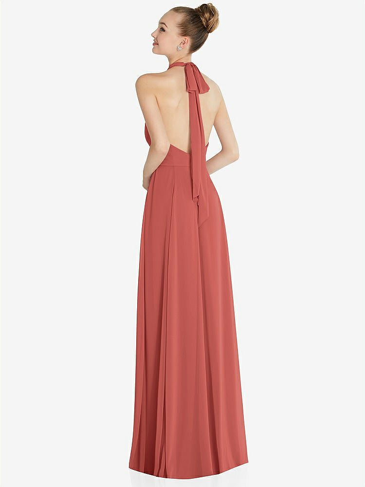 【STYLE: 6865】Halter Backless Maxi Dress with Crystal Button Ruffle Placket【COLOR: Coral Pink】