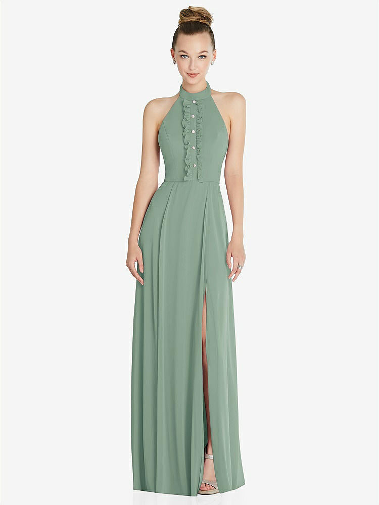 【STYLE: 6865】Halter Backless Maxi Dress with Crystal Button Ruffle Placket【COLOR: Seagrass】