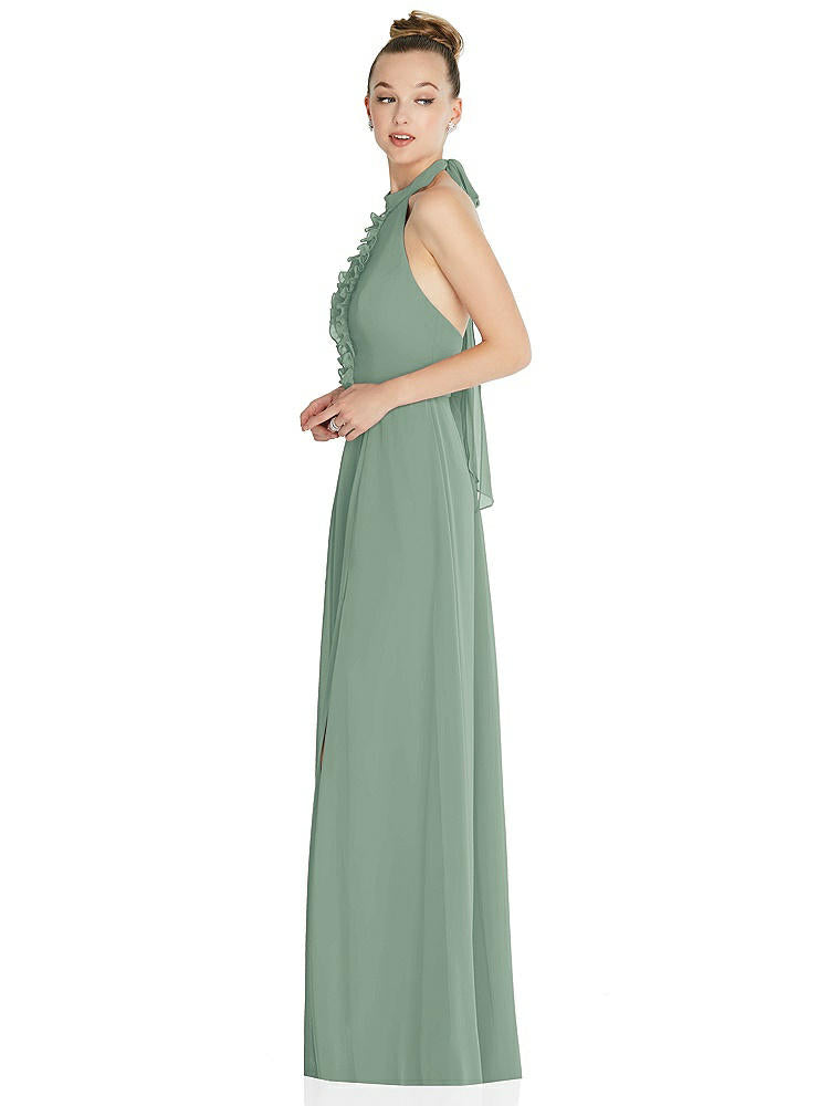 【STYLE: 6865】Halter Backless Maxi Dress with Crystal Button Ruffle Placket【COLOR: Seagrass】