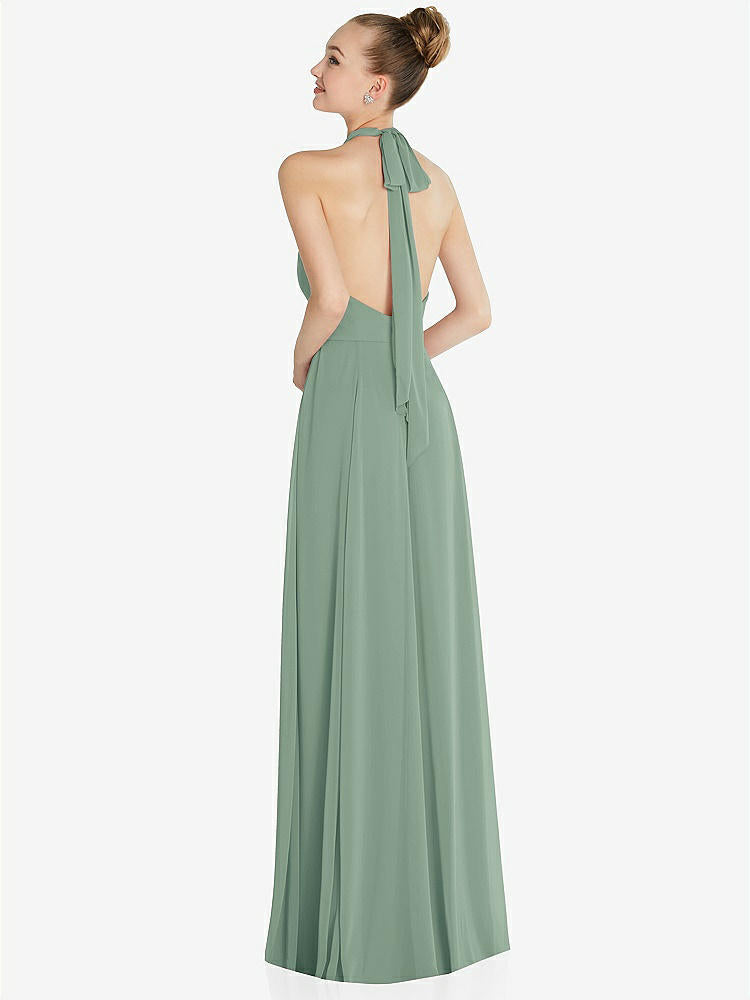 【STYLE: 6865】Halter Backless Maxi Dress with Crystal Button Ruffle Placket【COLOR: Seagrass】