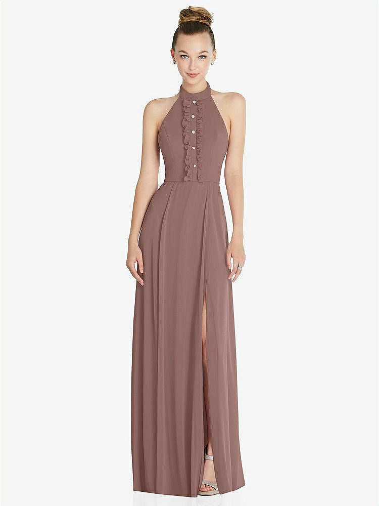 【STYLE: 6865】Halter Backless Maxi Dress with Crystal Button Ruffle Placket【COLOR: Sienna】
