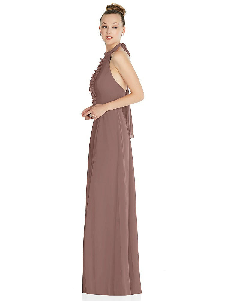 【STYLE: 6865】Halter Backless Maxi Dress with Crystal Button Ruffle Placket【COLOR: Sienna】