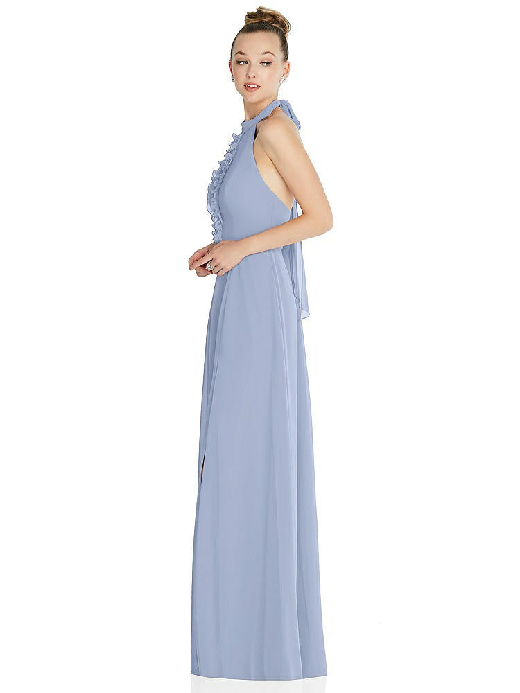 【NEW】【STYLE: 6865】ホルター バックレス マキシ ドレス クリスタル ボタン フリル プラケット【COLOR: Sky Blue】【SIZE: 00-30W】