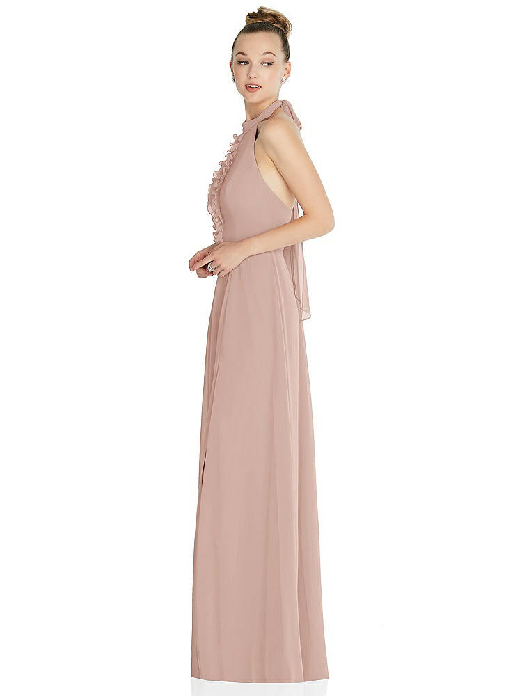 【STYLE: 6865】Halter Backless Maxi Dress with Crystal Button Ruffle Placket【COLOR: Toasted Sugar】