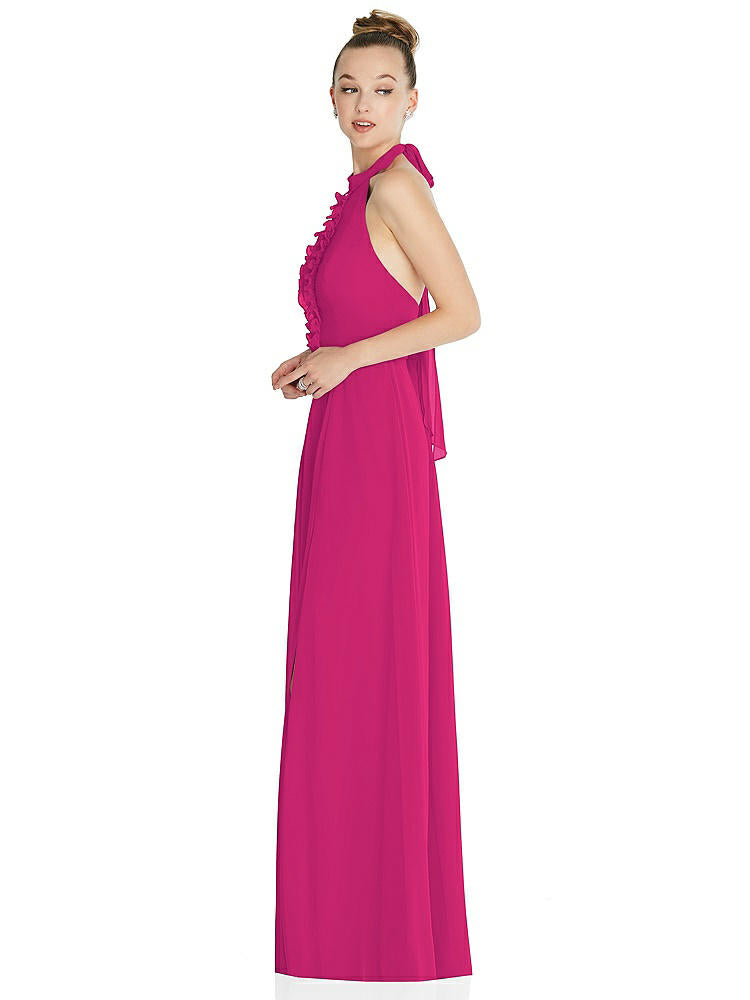 【NEW】【STYLE: 6865】ホルター バックレス マキシ ドレス クリスタル ボタン フリル プラケット【COLOR: Think Pink】【SIZE: 00-30W】