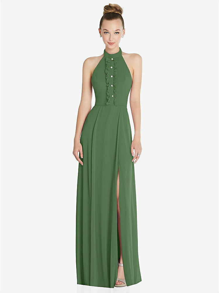 【STYLE: 6865】Halter Backless Maxi Dress with Crystal Button Ruffle Placket【COLOR: Vineyard Green】
