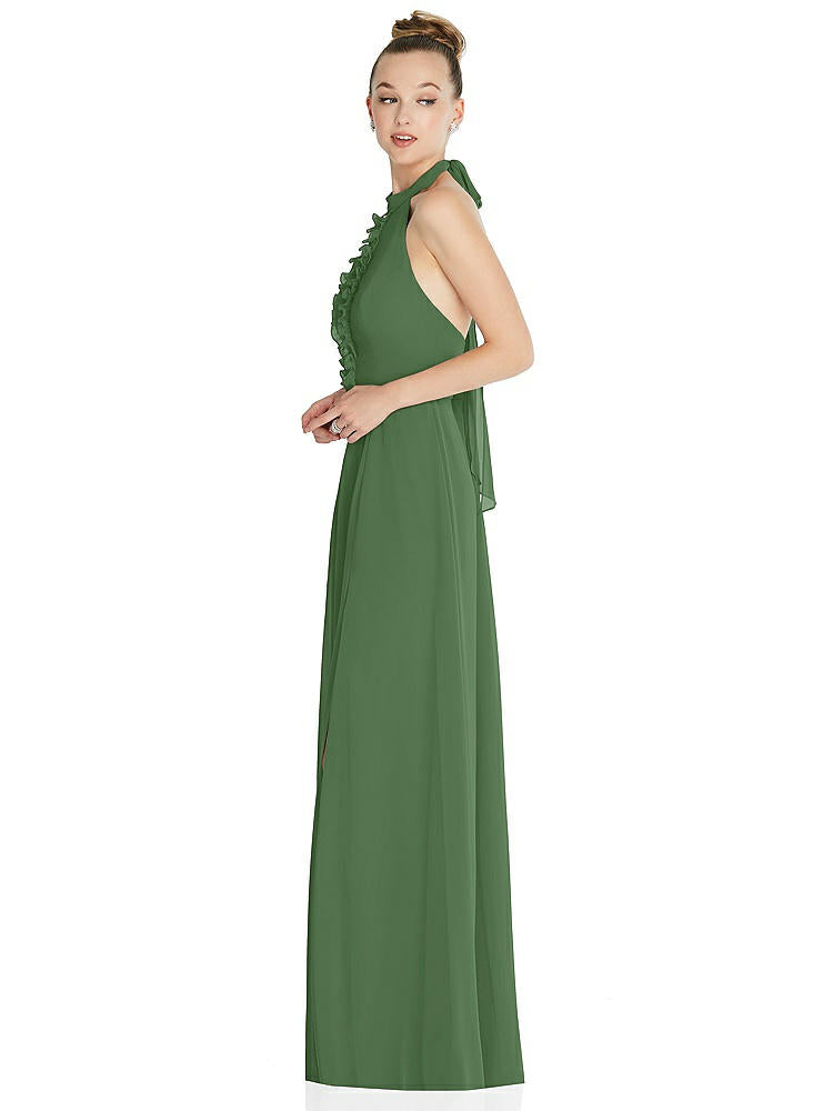 【STYLE: 6865】Halter Backless Maxi Dress with Crystal Button Ruffle Placket【COLOR: Vineyard Green】