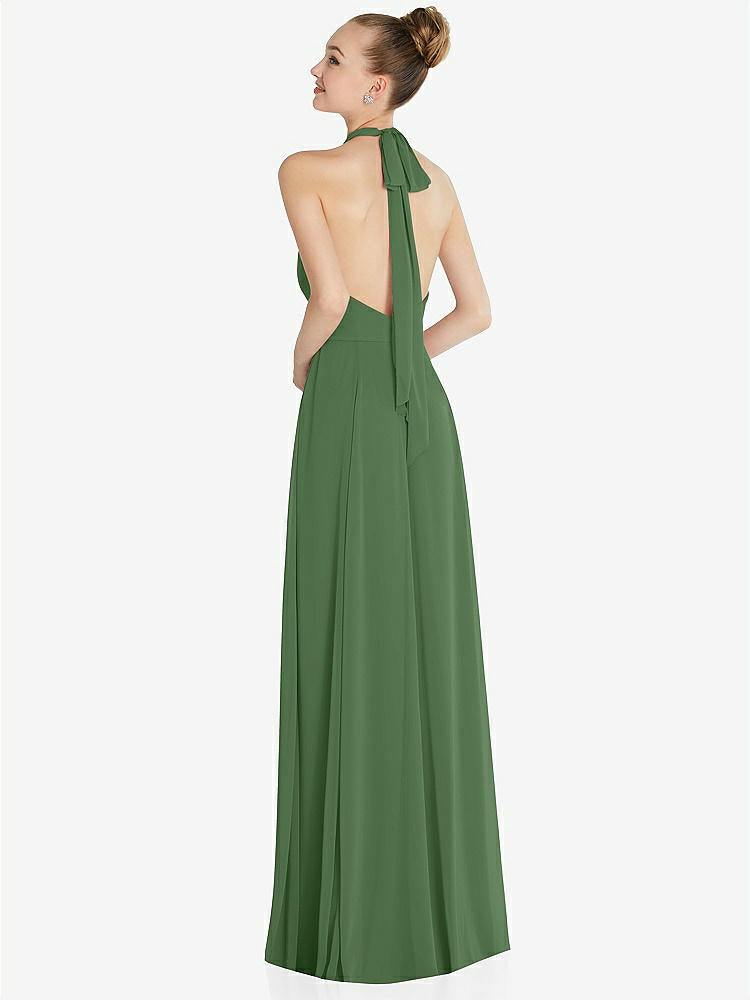 【STYLE: 6865】Halter Backless Maxi Dress with Crystal Button Ruffle Placket【COLOR: Vineyard Green】