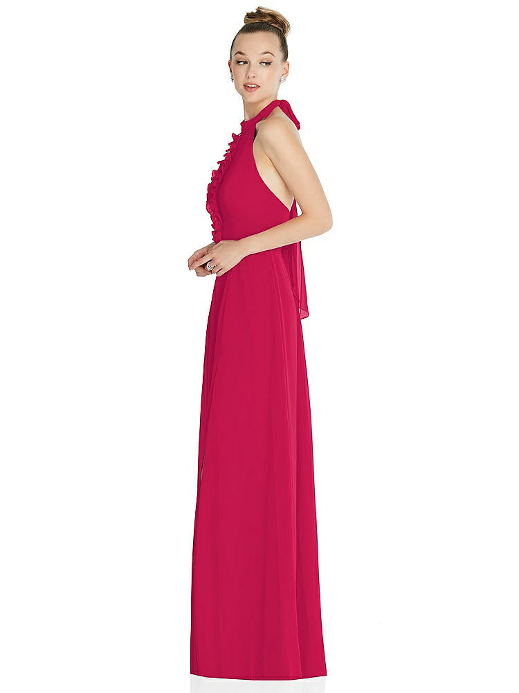 【STYLE: 6865】Halter Backless Maxi Dress with Crystal Button Ruffle Placket【COLOR: Vivid Pink】