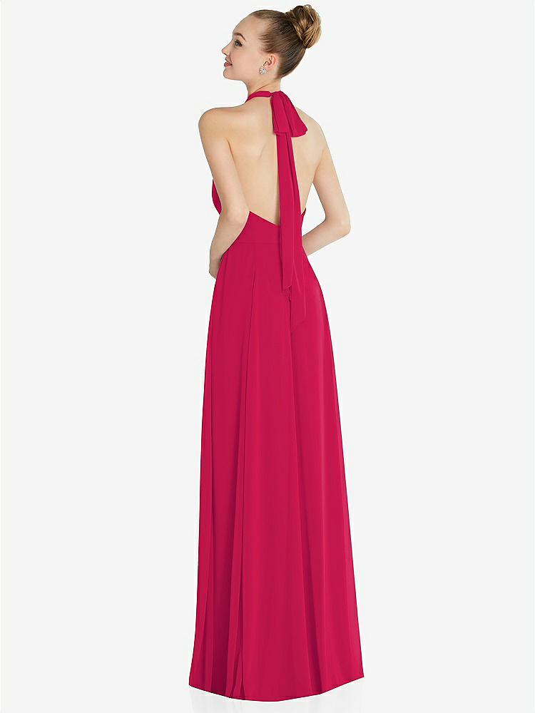 【STYLE: 6865】Halter Backless Maxi Dress with Crystal Button Ruffle Placket【COLOR: Vivid Pink】