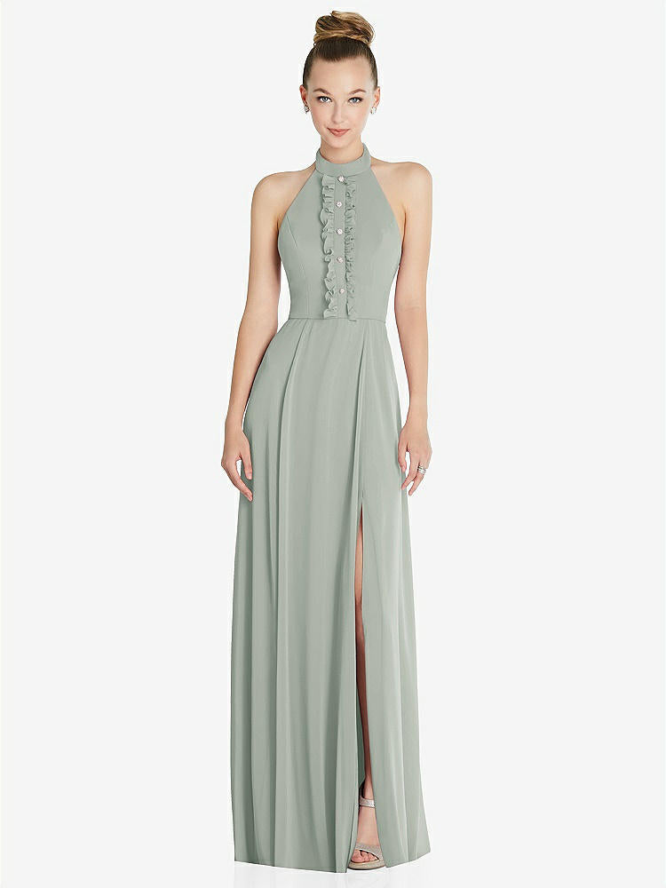 【STYLE: 6865】Halter Backless Maxi Dress with Crystal Button Ruffle Placket【COLOR: Willow Green】