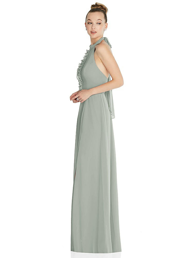 【STYLE: 6865】Halter Backless Maxi Dress with Crystal Button Ruffle Placket【COLOR: Willow Green】