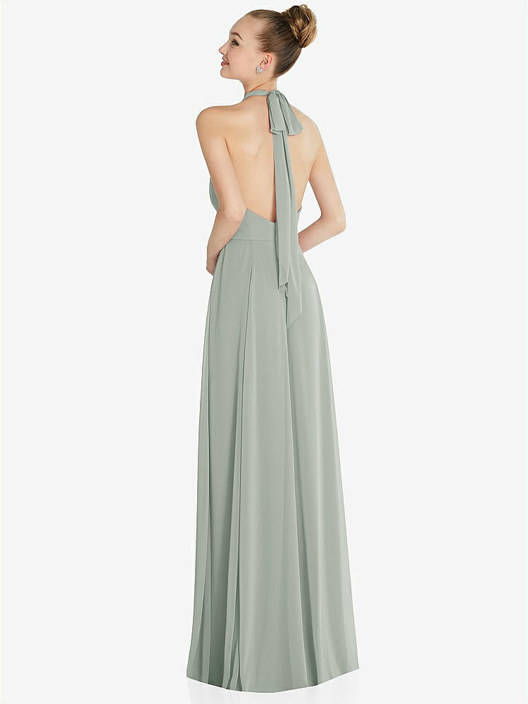 【STYLE: 6865】Halter Backless Maxi Dress with Crystal Button Ruffle Placket【COLOR: Willow Green】