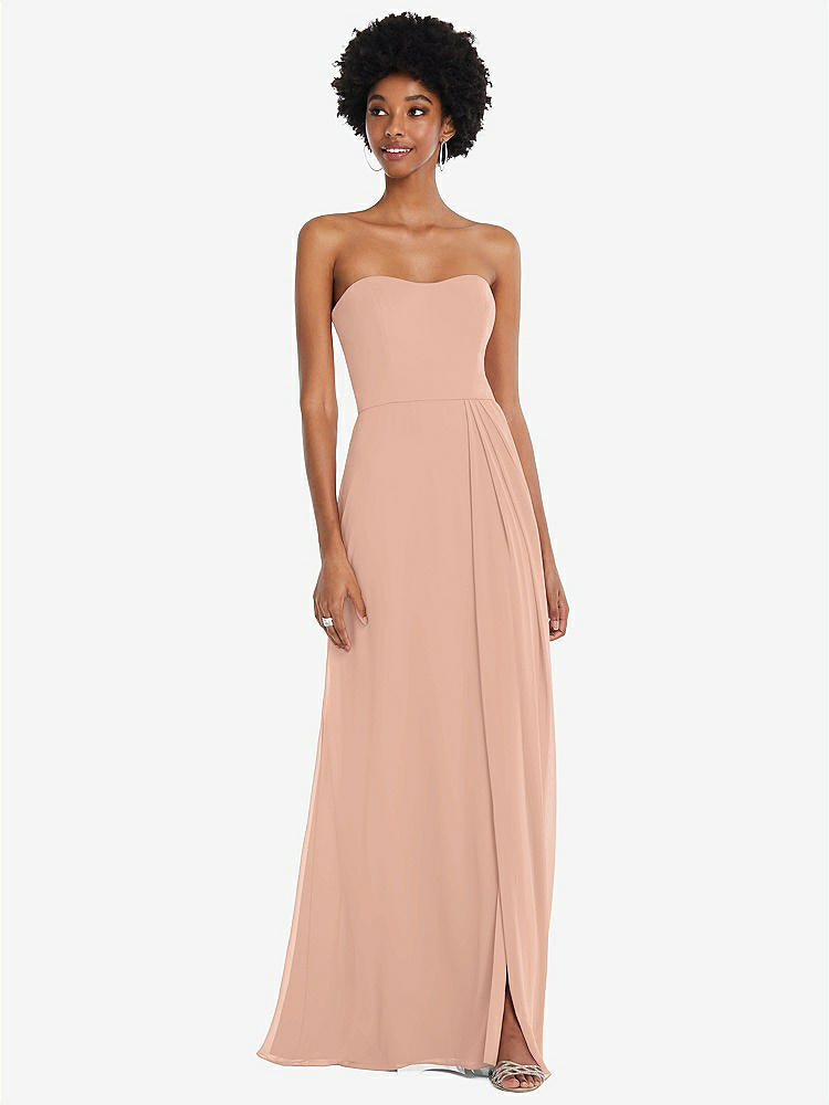 【STYLE: 1563】Strapless Sweetheart Maxi Dress with Pleated Front Slit 【COLOR: Pale Peach】