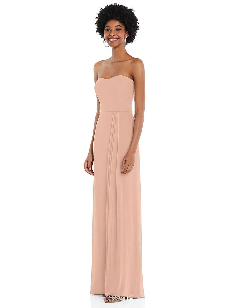 【STYLE: 1563】Strapless Sweetheart Maxi Dress with Pleated Front Slit 【COLOR: Pale Peach】
