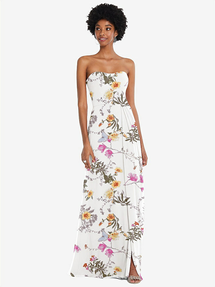 【STYLE: 1563】Strapless Sweetheart Maxi Dress with Pleated Front Slit 【COLOR: Butterfly Botanica Ivory】