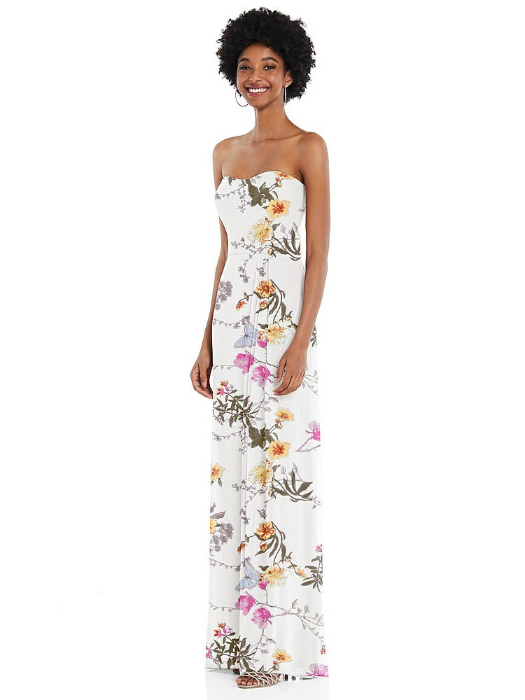 【STYLE: 1563】Strapless Sweetheart Maxi Dress with Pleated Front Slit 【COLOR: Butterfly Botanica Ivory】