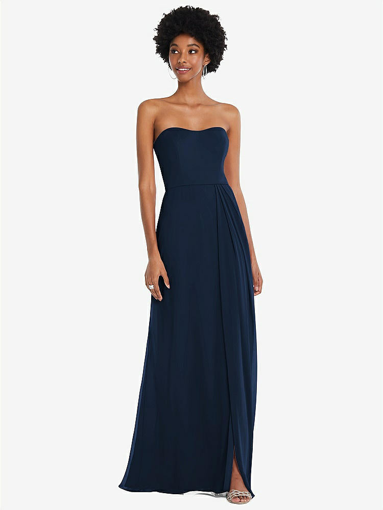 【STYLE: 1563】Strapless Sweetheart Maxi Dress with Pleated Front Slit 【COLOR: Midnight Navy】