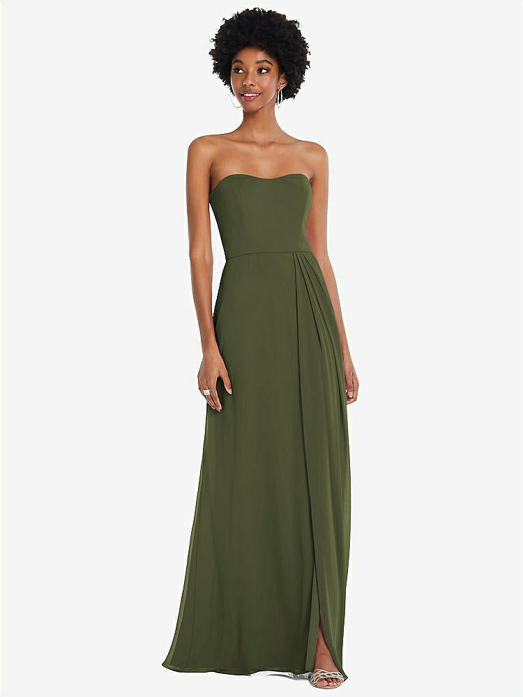 【STYLE: 1563】Strapless Sweetheart Maxi Dress with Pleated Front Slit 【COLOR: Olive Green】