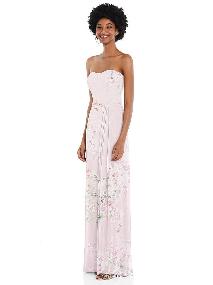 【STYLE: 1563】Strapless Sweetheart Maxi Dress with Pleated Front Slit 【COLOR: Watercolor Print】