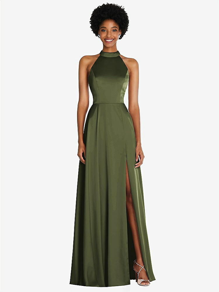 【STYLE: TH090】Stand Collar Cutout Tie Back Maxi Dress with Front Slit【COLOR: Olive Green】