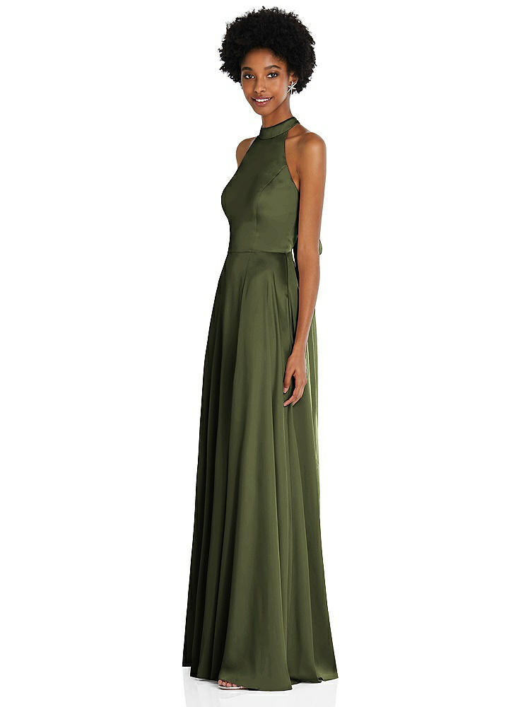 【STYLE: TH090】Stand Collar Cutout Tie Back Maxi Dress with Front Slit【COLOR: Olive Green】