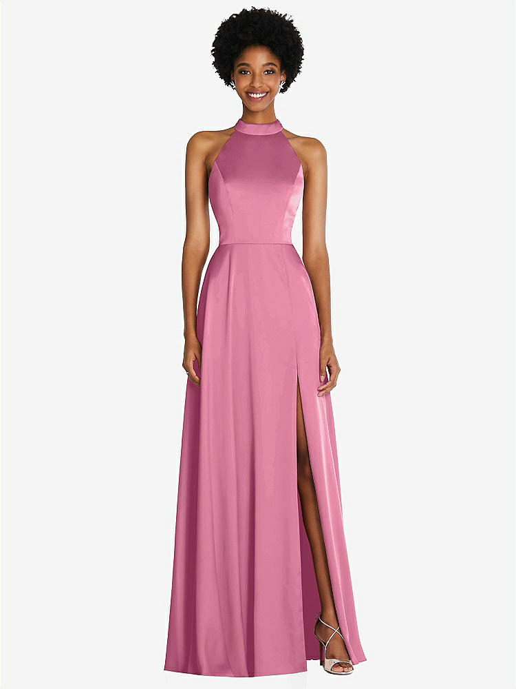 【STYLE: TH090】Stand Collar Cutout Tie Back Maxi Dress with Front Slit【COLOR: Orchid Pink】