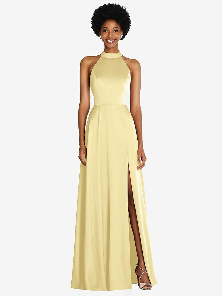 【NEW】【STYLE: TH090】スタンド 襟 カットアウト ネクタイ 背中 マキシ ドレス 前面 スリット【COLOR: Pale Yellow】【SIZE: 00-30W】