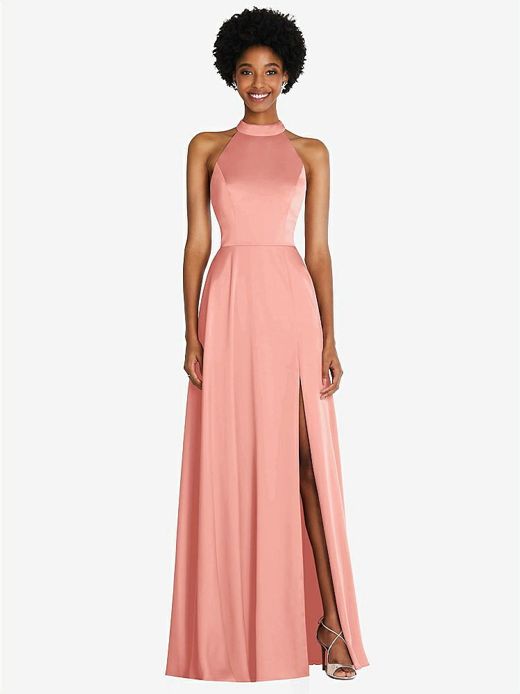 【STYLE: TH090】Stand Collar Cutout Tie Back Maxi Dress with Front Slit【COLOR: Rose - PANTONE Rose Quartz】