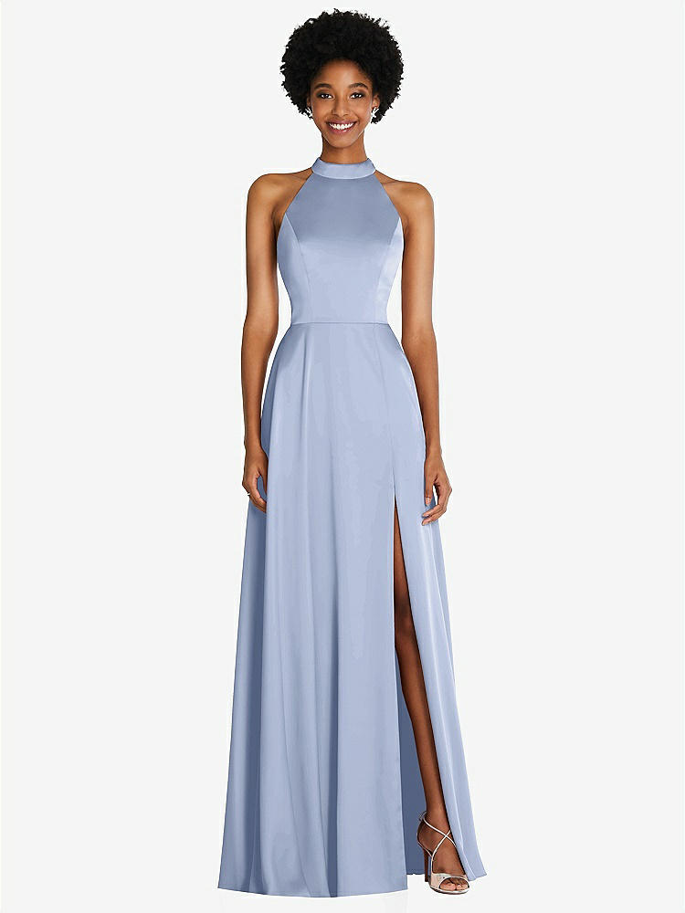 【STYLE: TH090】Stand Collar Cutout Tie Back Maxi Dress with Front Slit【COLOR: Sky Blue】