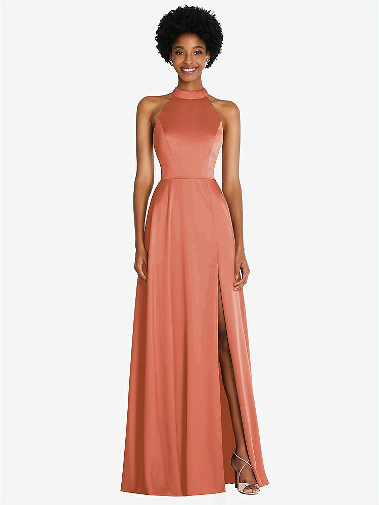 【STYLE: TH090】Stand Collar Cutout Tie Back Maxi Dress with Front Slit【COLOR: Terracotta Copper】