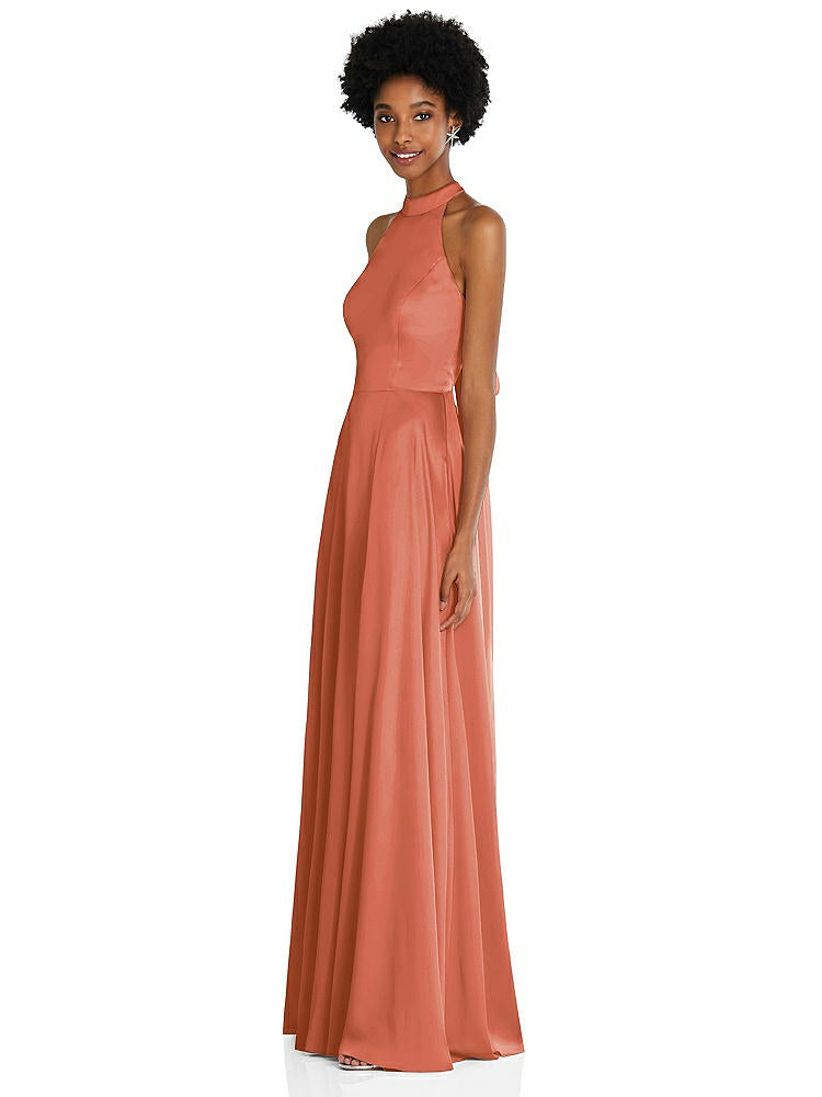 【STYLE: TH090】Stand Collar Cutout Tie Back Maxi Dress with Front Slit【COLOR: Terracotta Copper】