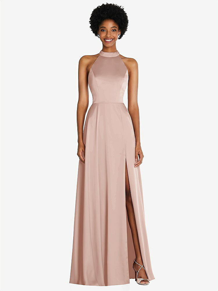 【STYLE: TH090】Stand Collar Cutout Tie Back Maxi Dress with Front Slit【COLOR: Toasted Sugar】