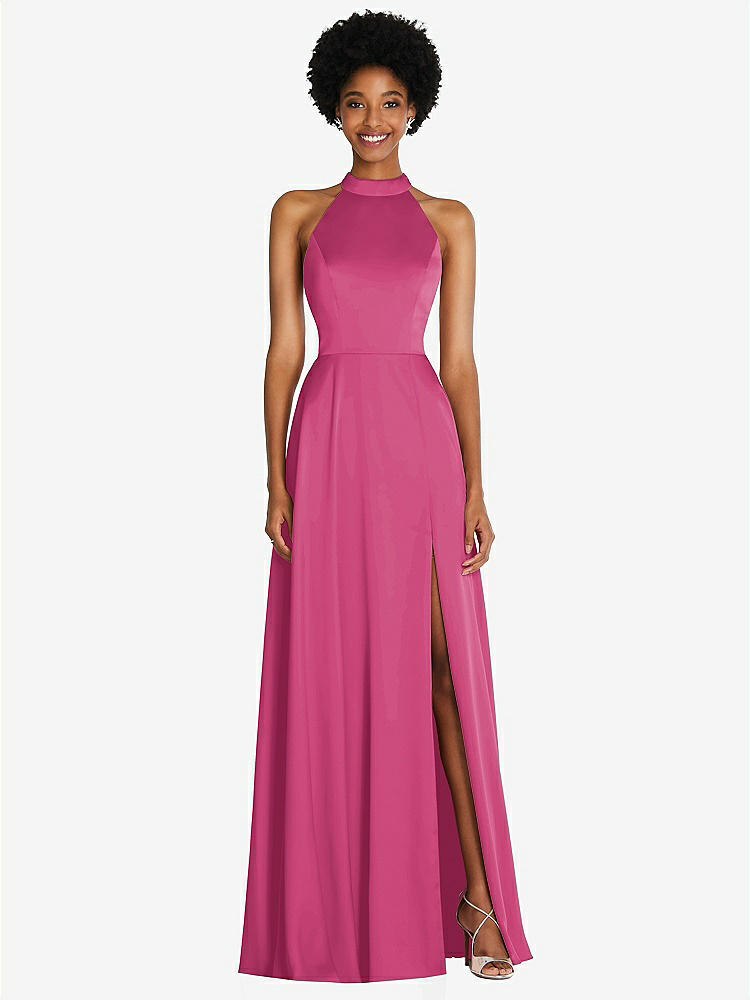 【STYLE: TH090】Stand Collar Cutout Tie Back Maxi Dress with Front Slit【COLOR: Tea Rose】