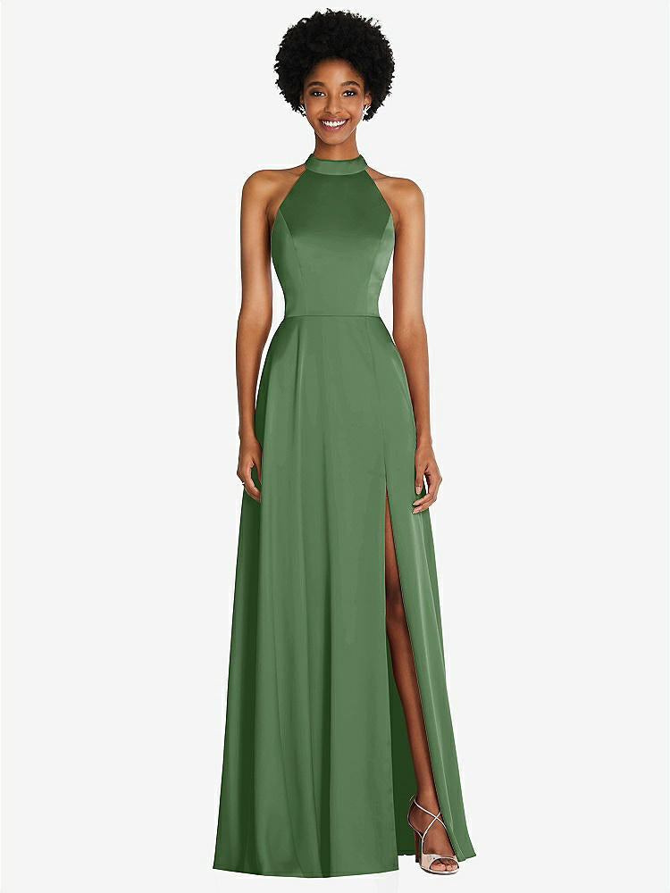 【STYLE: TH090】Stand Collar Cutout Tie Back Maxi Dress with Front Slit【COLOR: Vineyard Green】
