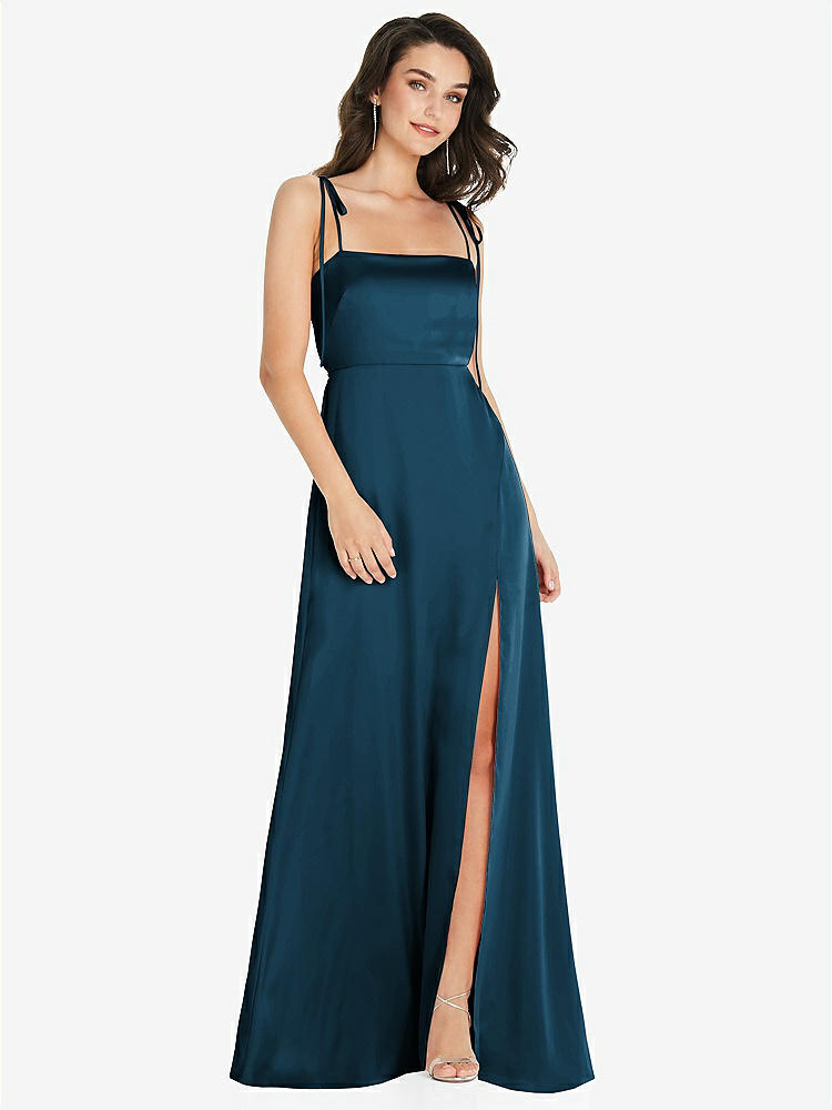 【STYLE: 8214】Skinny Tie-Shoulder Satin Maxi Dress with Front Slit【COLOR: Atlantic Blue】